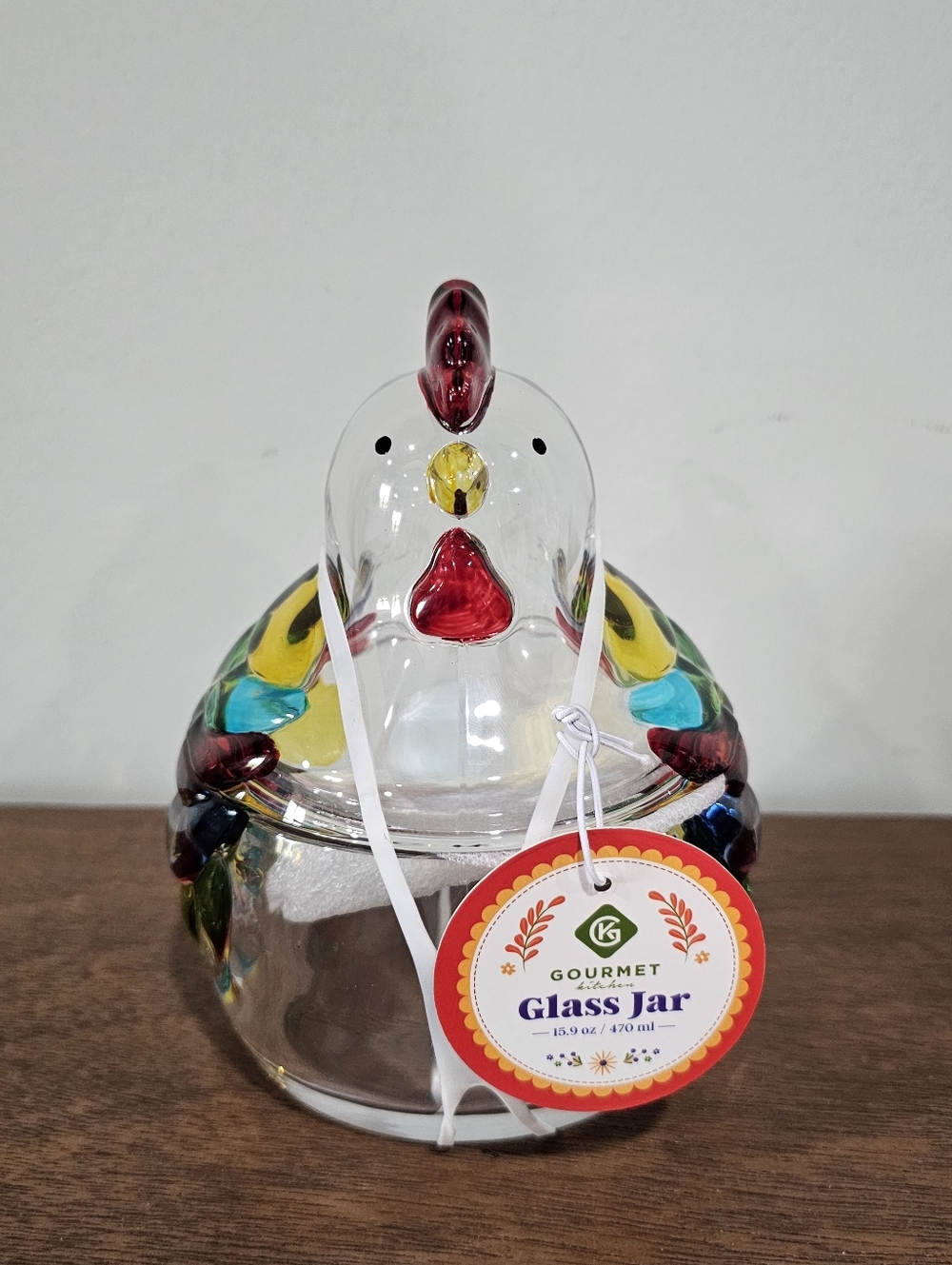 Gourmet Kitchen Clear Multicolor Glass Chicken Shaped Jar 15.9oz 470ml